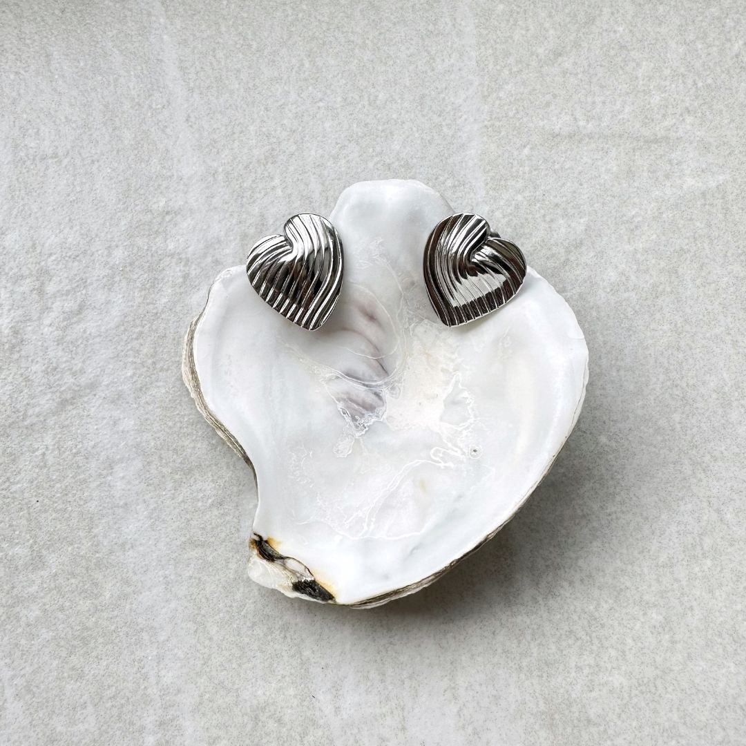 Silver Ribbed Heart Earrings